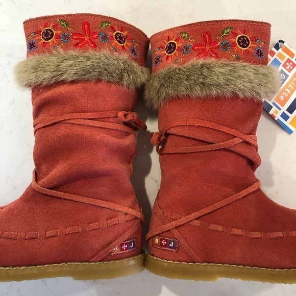 NEW Romeo Juliette Peach Cottage Leather Suede Furry Floral Embroider Tall Boots - Picture 5 of 14
